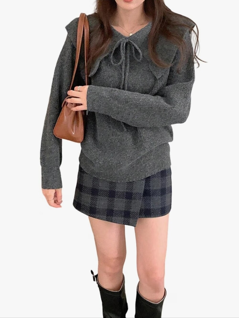 Collared Tie Front Sweater Long Sleeve Rib Knitted Pullover